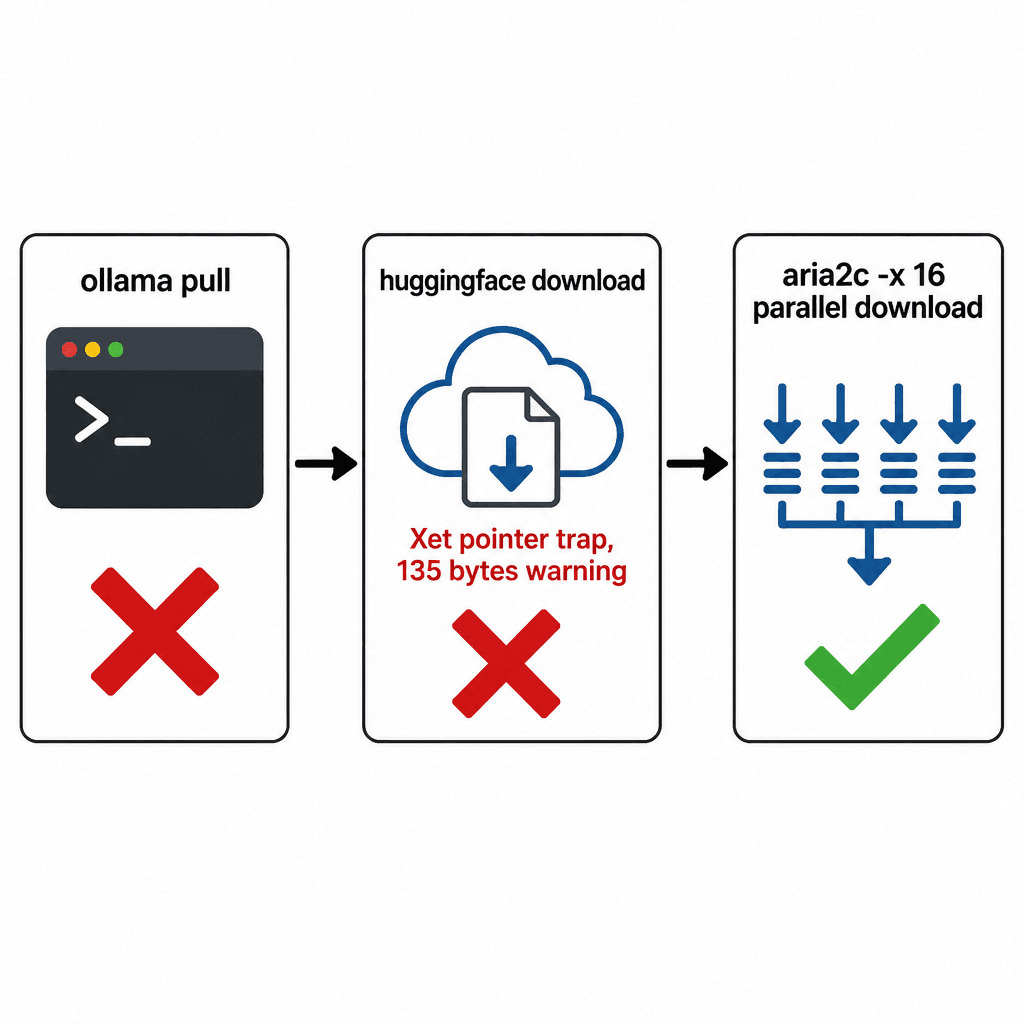 Download flowchart — ollama pull fails, Xet pointer trap, aria2c -x 16 parallel download succeeds