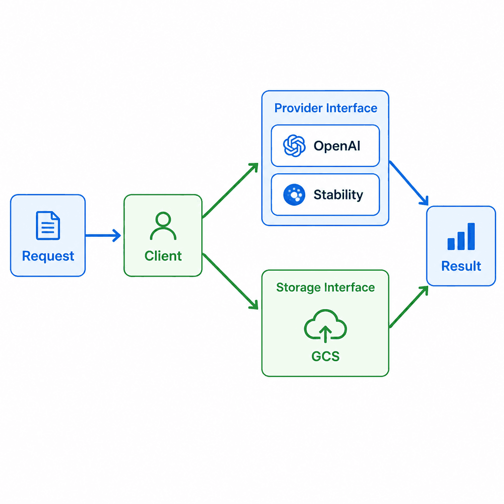 imagen architecture: Request → Client → Provider/Storage → Result
