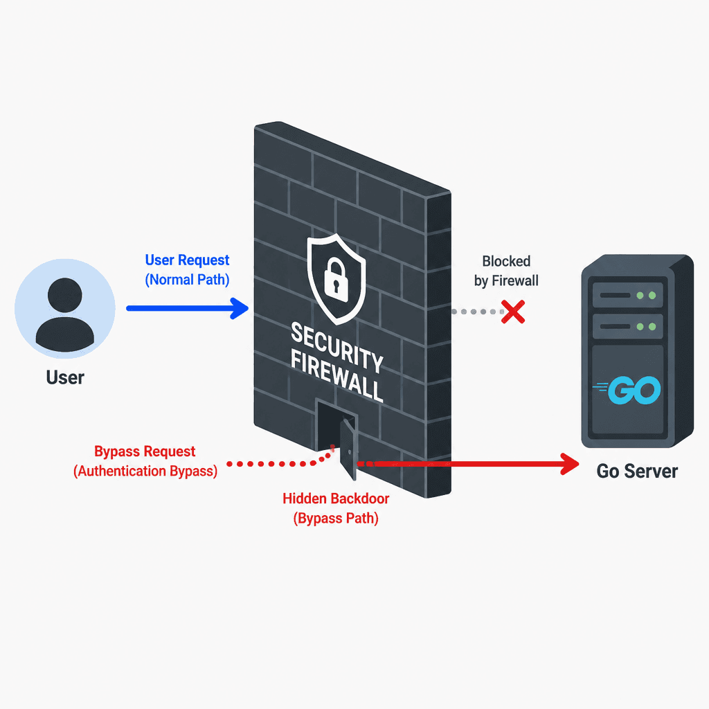 Diagram showing an unauthenticated request bypassing the auth middleware through the nil-fallback path