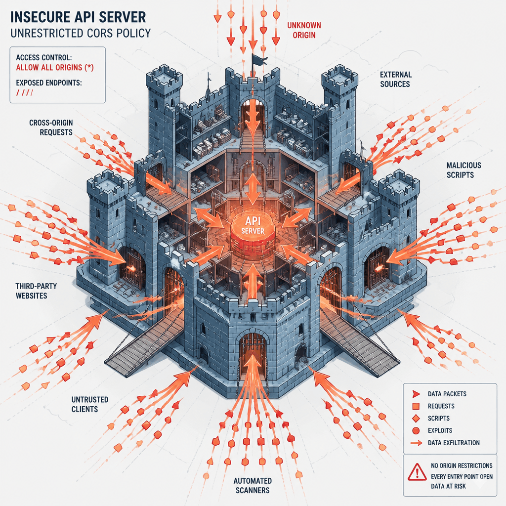 A castle with all gates open and arrows flying in from every direction — representing unrestricted CORS access