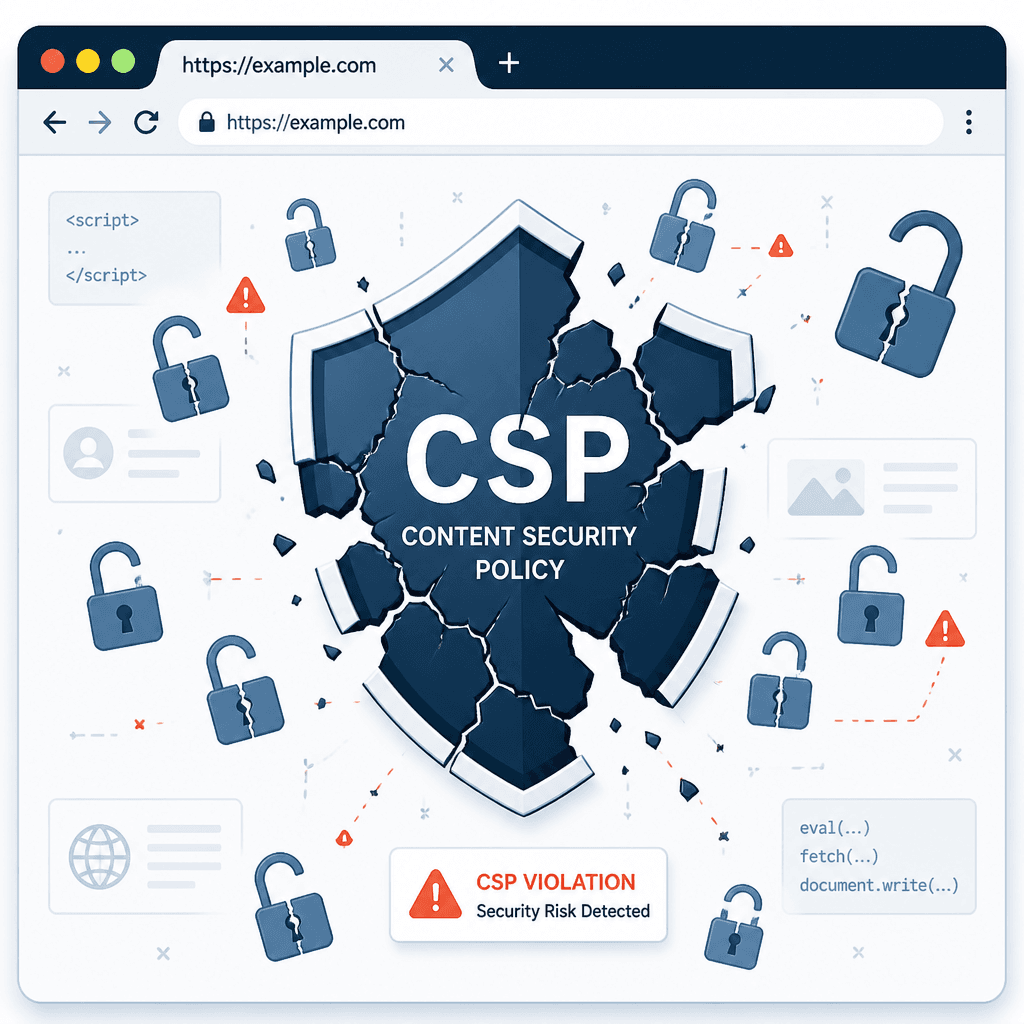 A web browser shield with cracks representing missing CSP