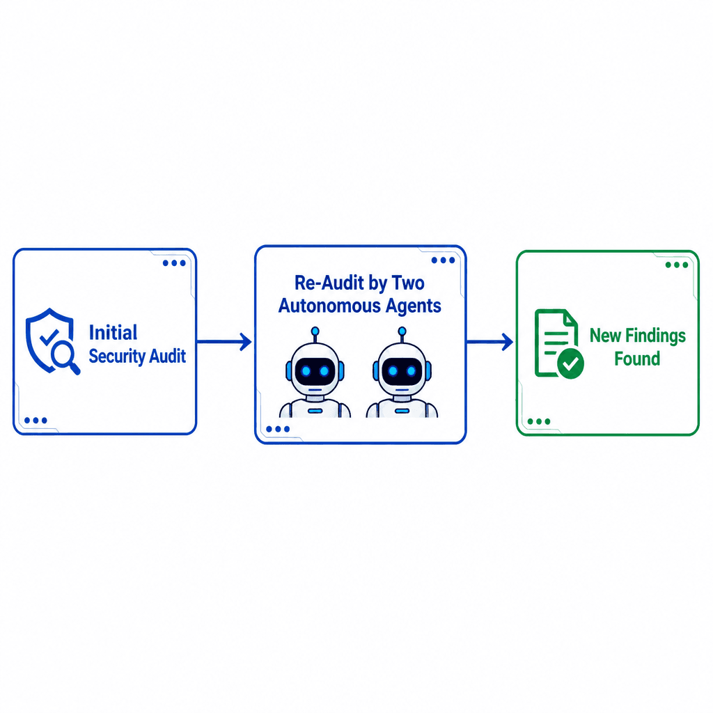 Flow diagram: initial audit, 20+ fixes, re-audit by two agents, 10 new findings, all fixed